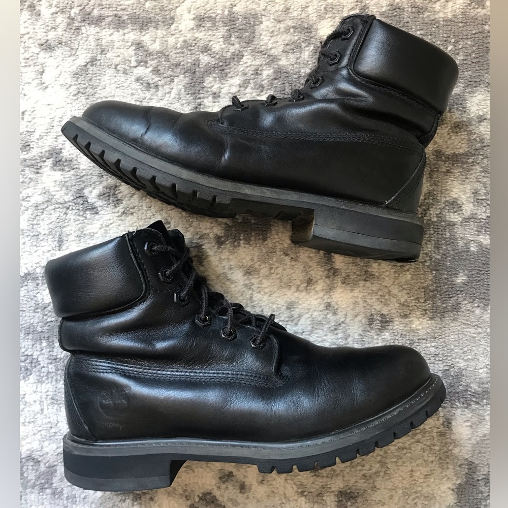 Womens Teens Big Kids Timberland Black Leather Work Boots sz 7 Moto Combat Laces